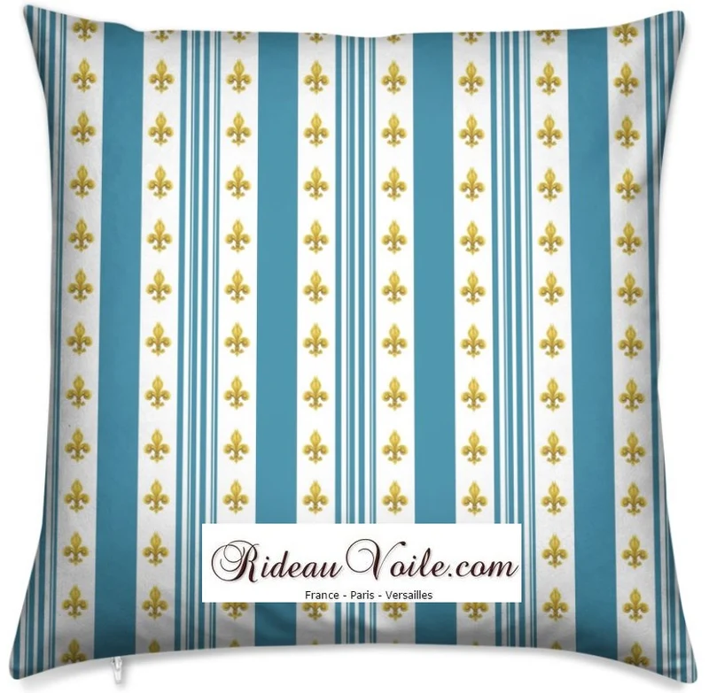 Tissu Empire imprimé Fleurs de Lys lignes rayures bleu turquoise mètre rideau voilage