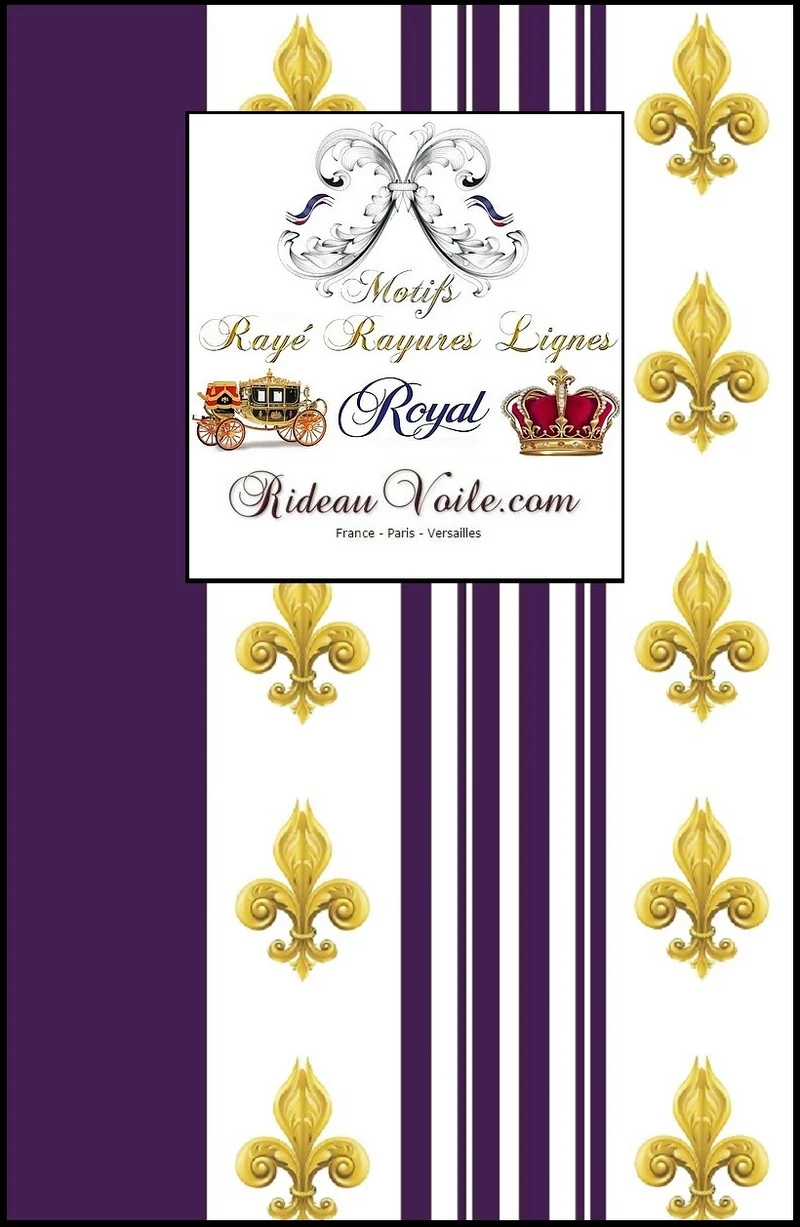 Tissu Style Empire motif Fleurs de Lys Or à rayures violet au mètre rideau