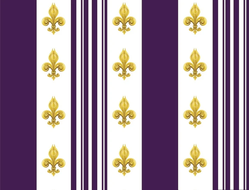 Tissu Style Empire motif Fleurs de Lys Or à rayures violet au mètre rideau