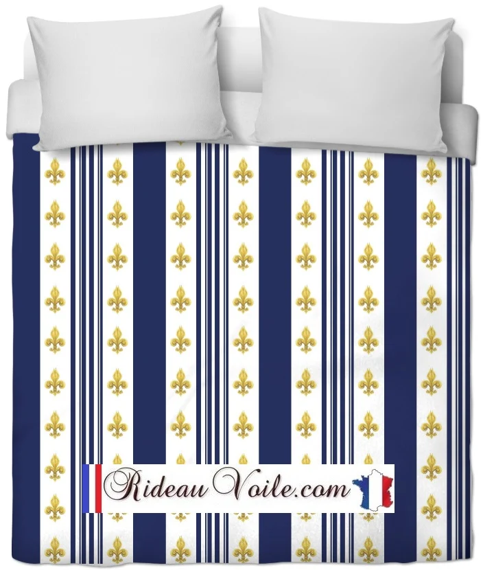 Tissu Style Empire motif Fleurs de Lys Or à rayures bleu au mètre rideau
