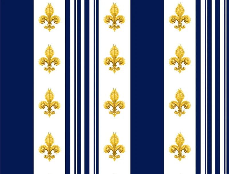Tissu Style Empire motif Fleurs de Lys Or à rayures bleu au mètre rideau