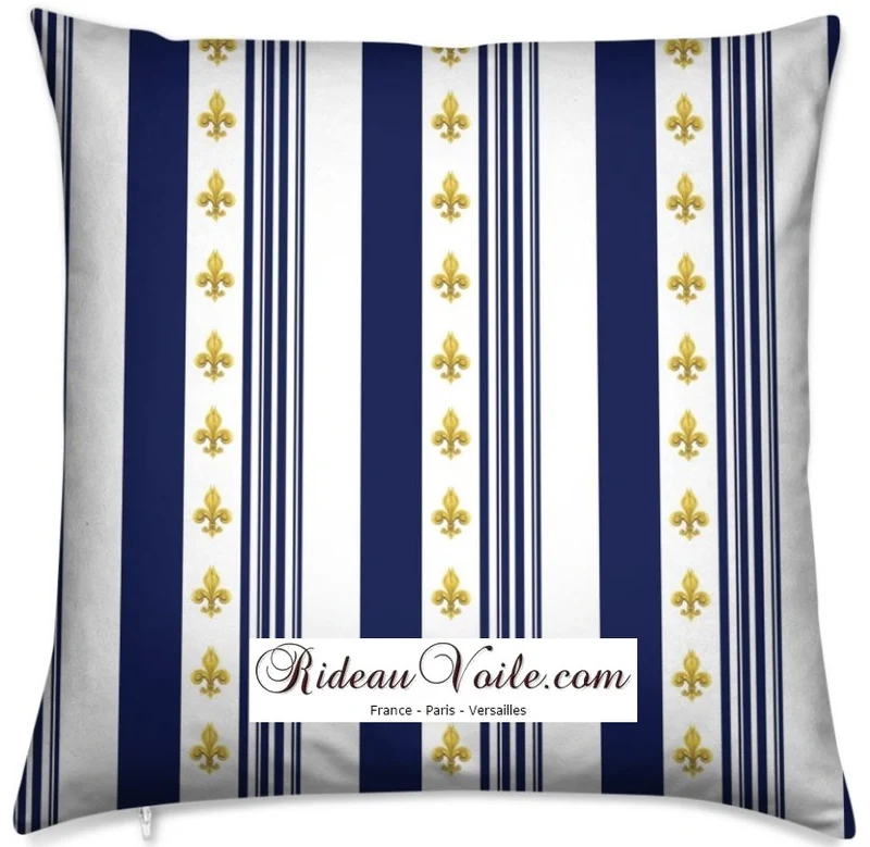 Tissu décoration Empire motif Fleurs de Lys lignes rayures bleu au mètre rideau