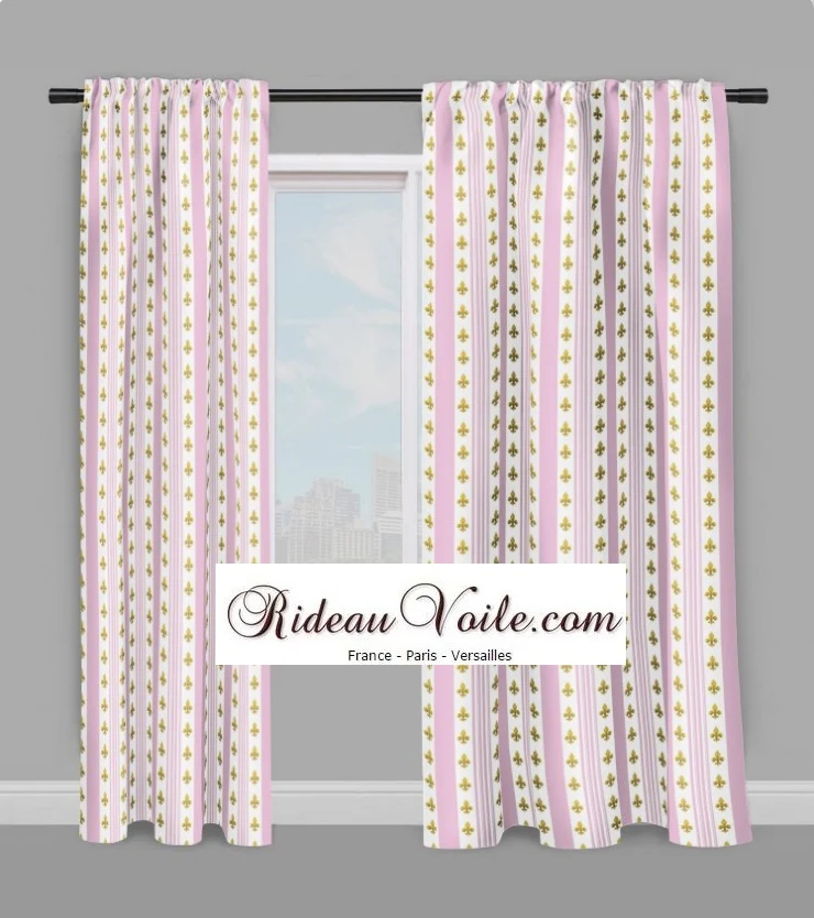 Tissu ameublement Empire motif Fleurs de Lys doré rayures rose mètre rideau rayés