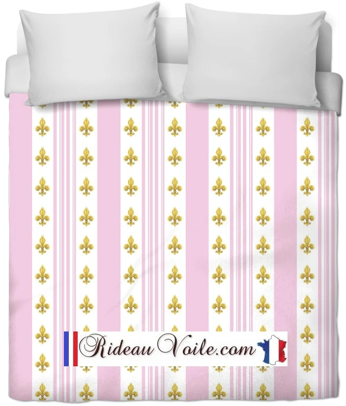 Tissu ameublement Empire motif Fleurs de Lys doré rayures rose mètre rideau rayés