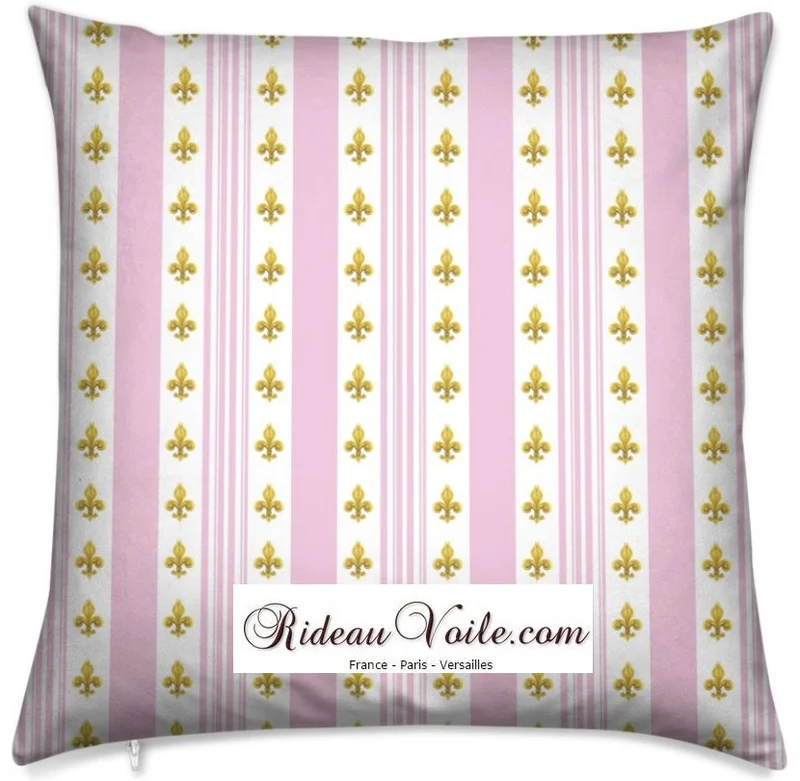 Tissu ameublement Empire motif Fleurs de Lys doré rayures rose mètre rideau rayés