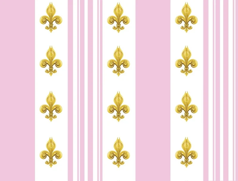 Tissu ameublement Empire motif Fleurs de Lys doré rayures rose mètre rideau rayés