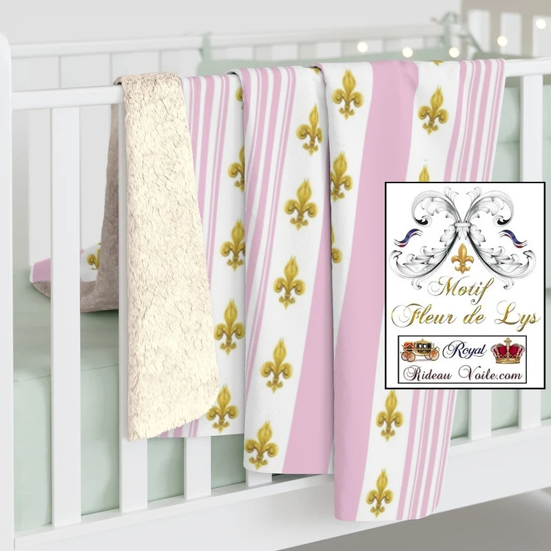 Tissu ameublement Empire motif Fleurs de Lys doré rayures rose mètre rideau rayés