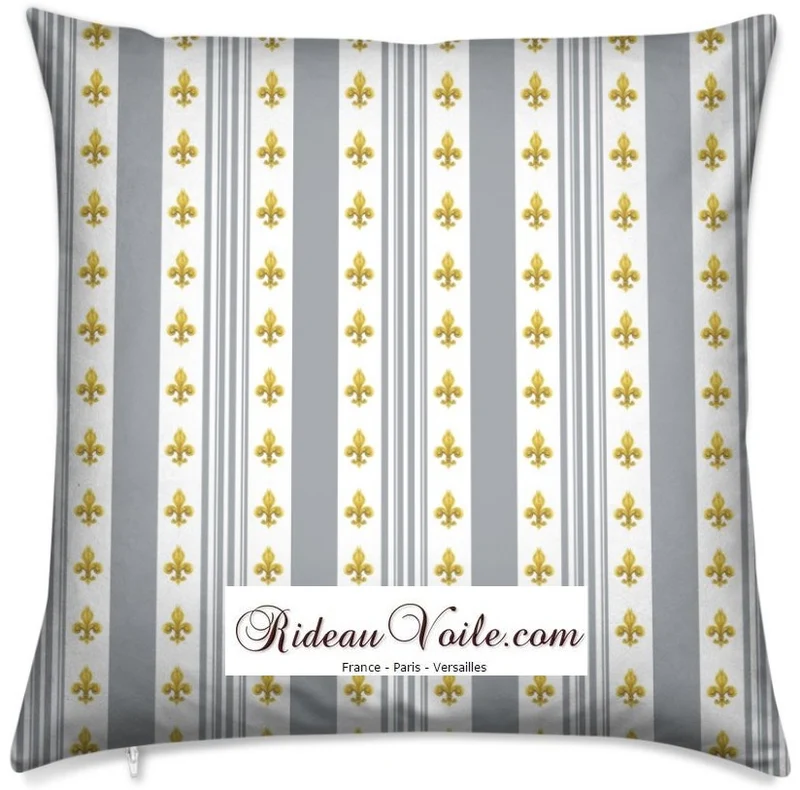 Tissu antique ameublement Empire motif Fleurs de Lys doré à rayures gris mètre rideau