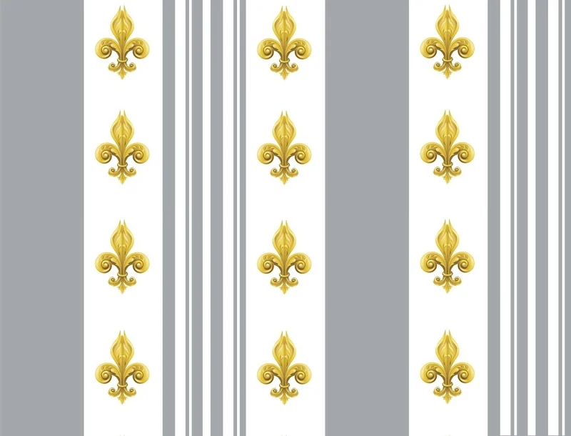 Tissu antique ameublement Empire motif Fleurs de Lys doré à rayures gris mètre rideau