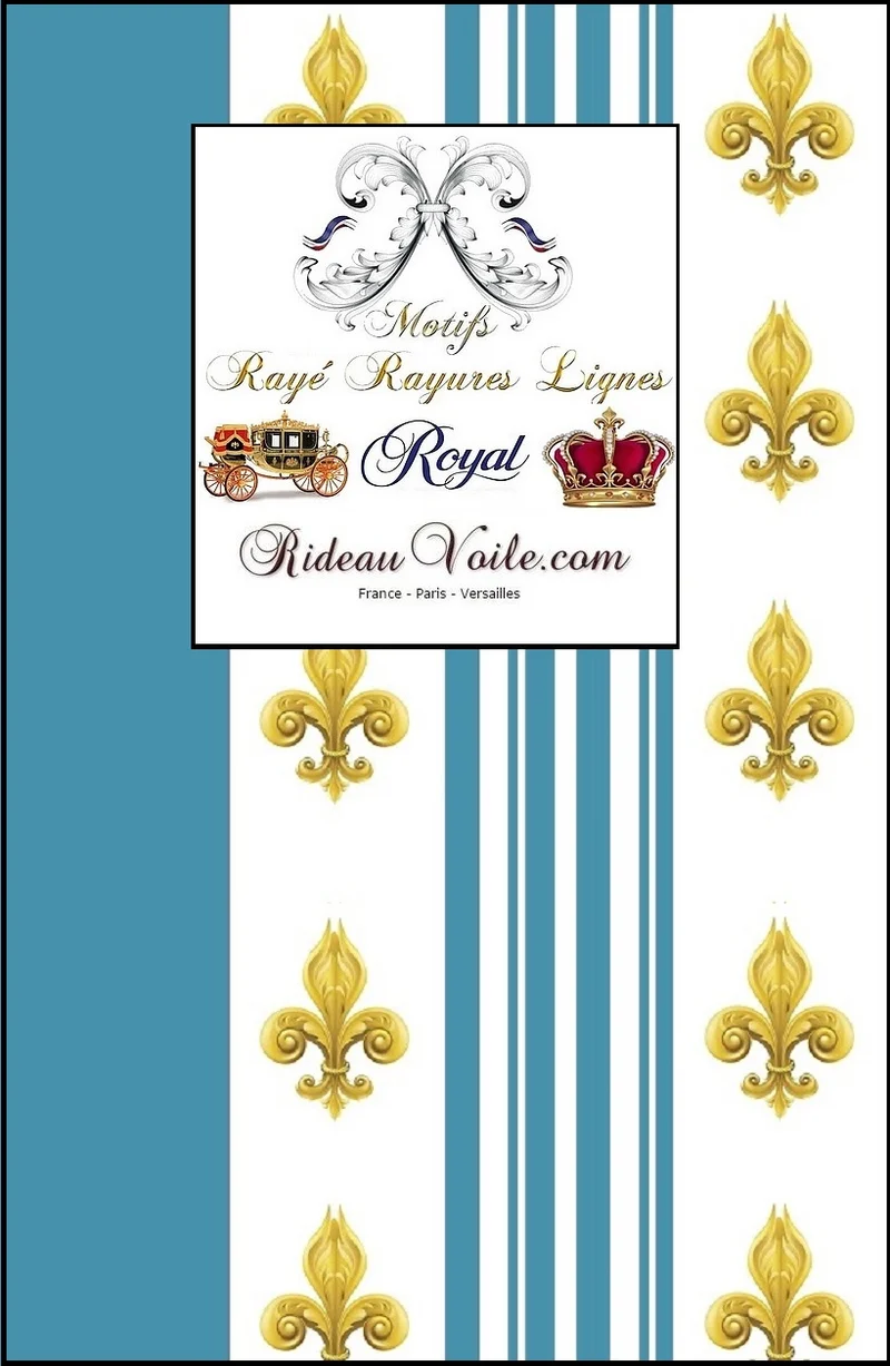 Tissu à lignes bleu Empire motif Fleurs de Lys Or tapisserie rayures mètre rideau rayé