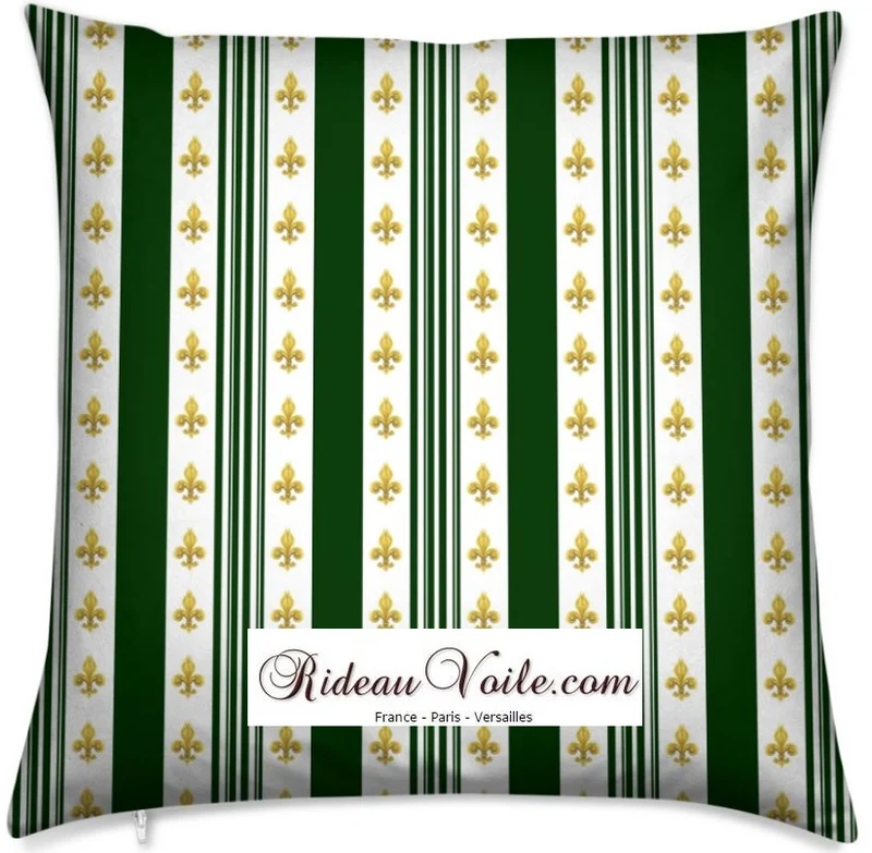 Tissu Empire motif Fleurs de Lys Or rayures vert mètre liturgique Ornement rayé