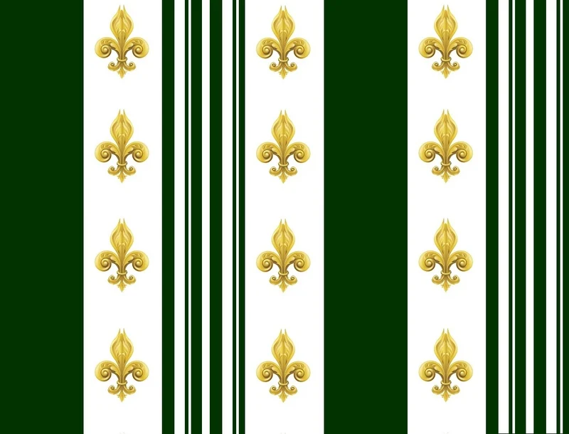 Tissu Empire motif Fleurs de Lys Or rayures vert mètre liturgique Ornement rayé