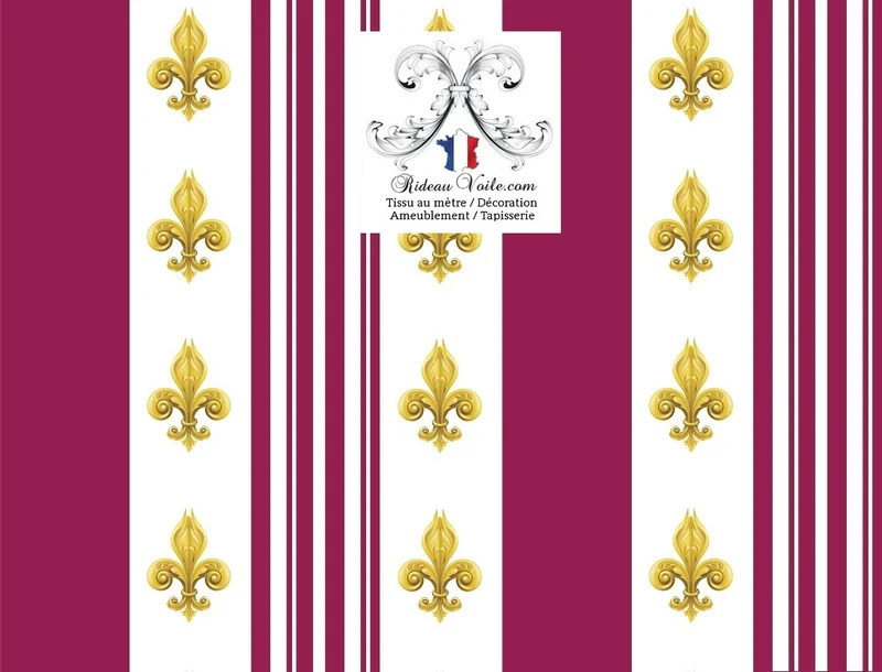 Tissu ameublement Empire motif Fleurs de Lys Or à rayures rouge au mètre rideau