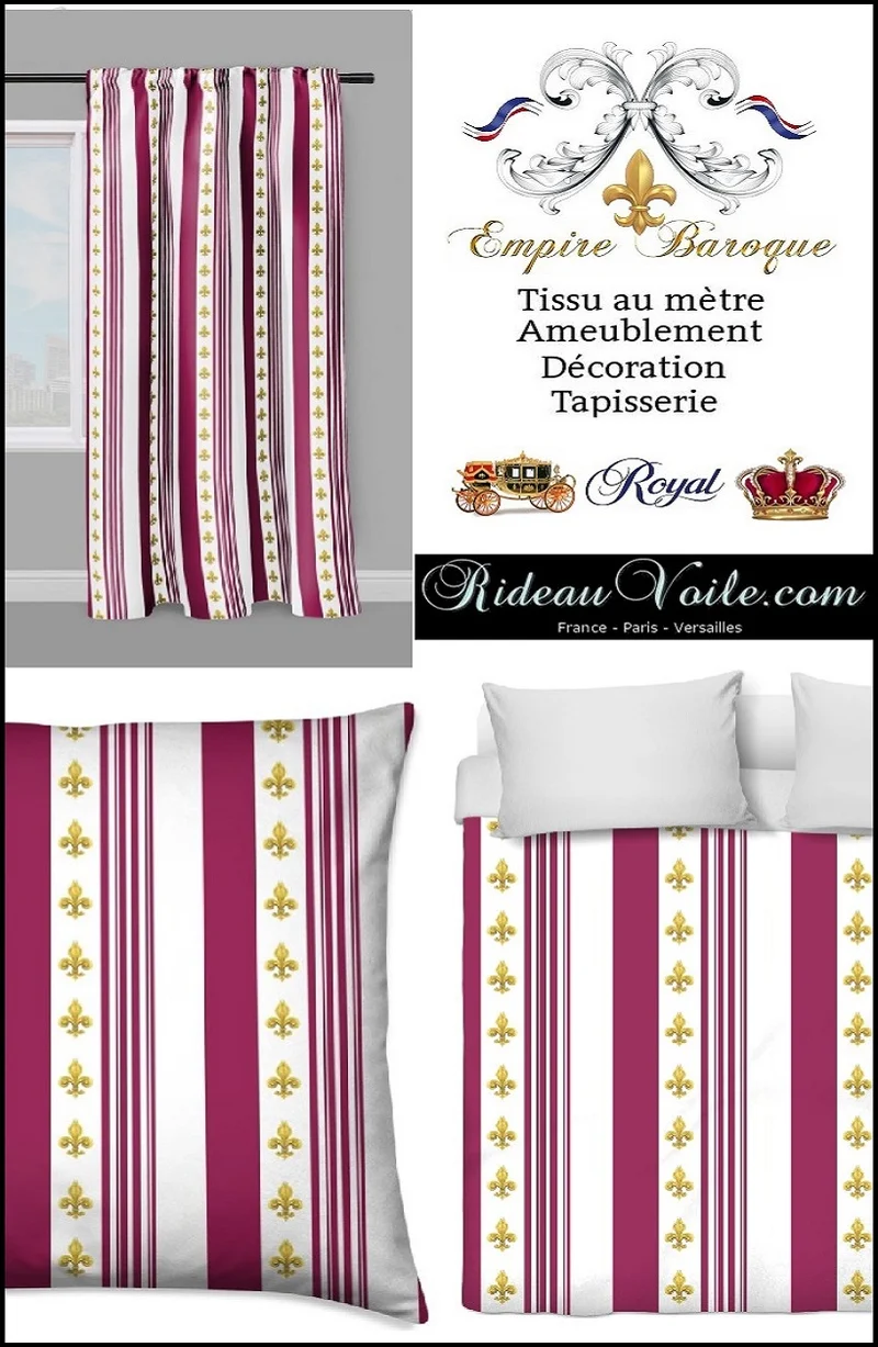 Boutique tissu Style Empire motif Fleurs de Lys Or lignes rayures mètre rideau