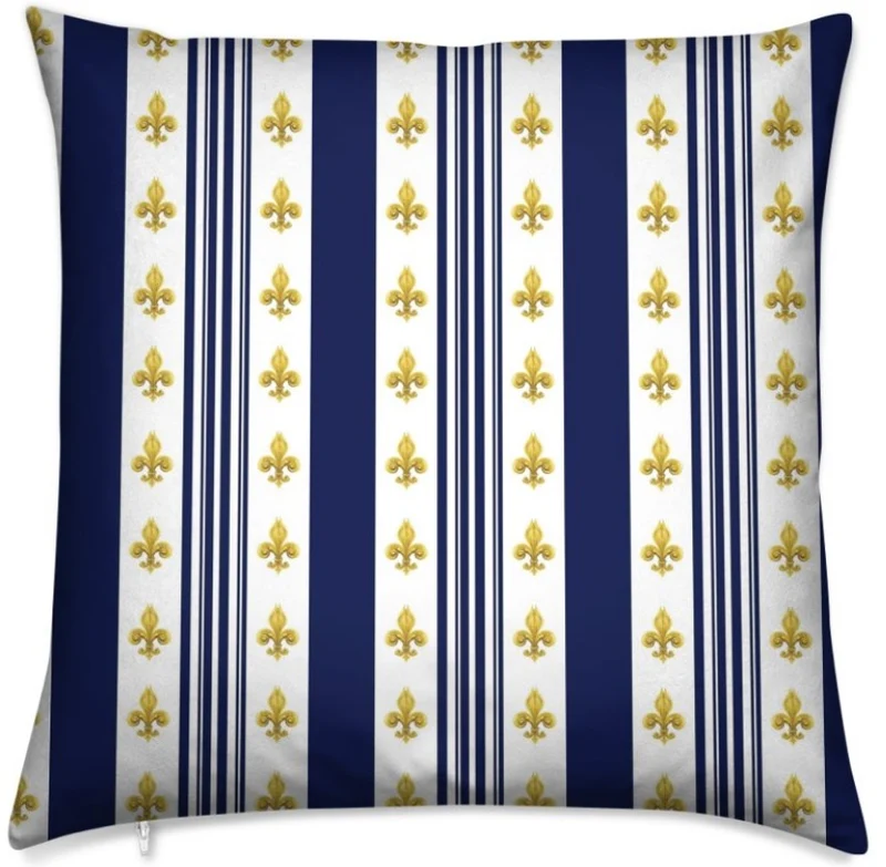 Tissu Empire motif Fleurs de Lys Or rayures mètre liturgique Ornement rideau rayé bleu