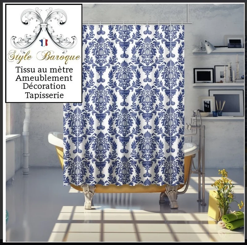 Tissu damassé ameublement motif Fleurs Damasco bleu mètre rideau voilage velours