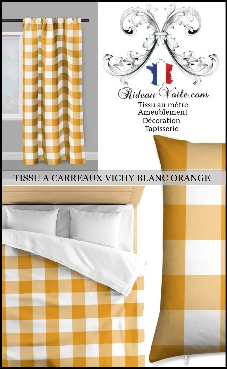 Rideauvoile motif Carreaux vichy tissu mètre carré orange blanc rideau couette coussin