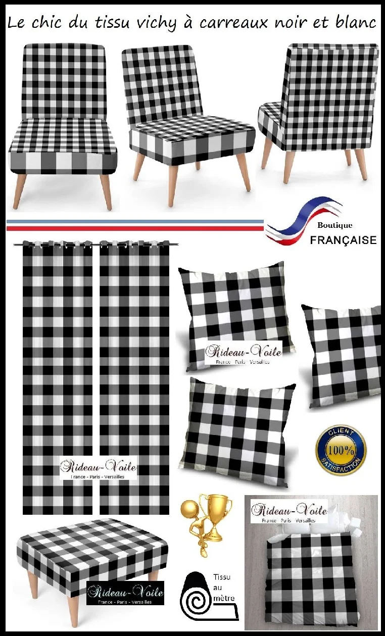 Imprimé Carreaux vichy tissu mètre carré noir blanc rideau couette coussin voilage