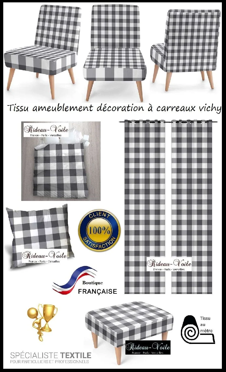 Voilage tapisserie déco large Carreaux vichy tissu mètre gris rideau couette coussin