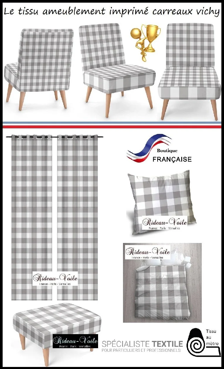 Rideauvoile tendance Carreaux vichy tissu mètre gris cendré rideau couette coussin
