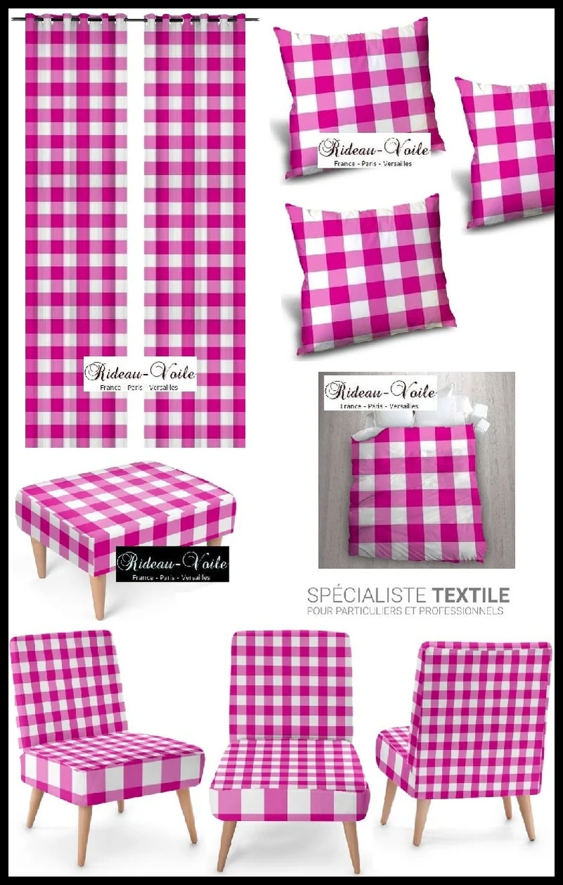Carreaux vichy tissu ameublement au mètre rose fushia voilage rideau couette coussin