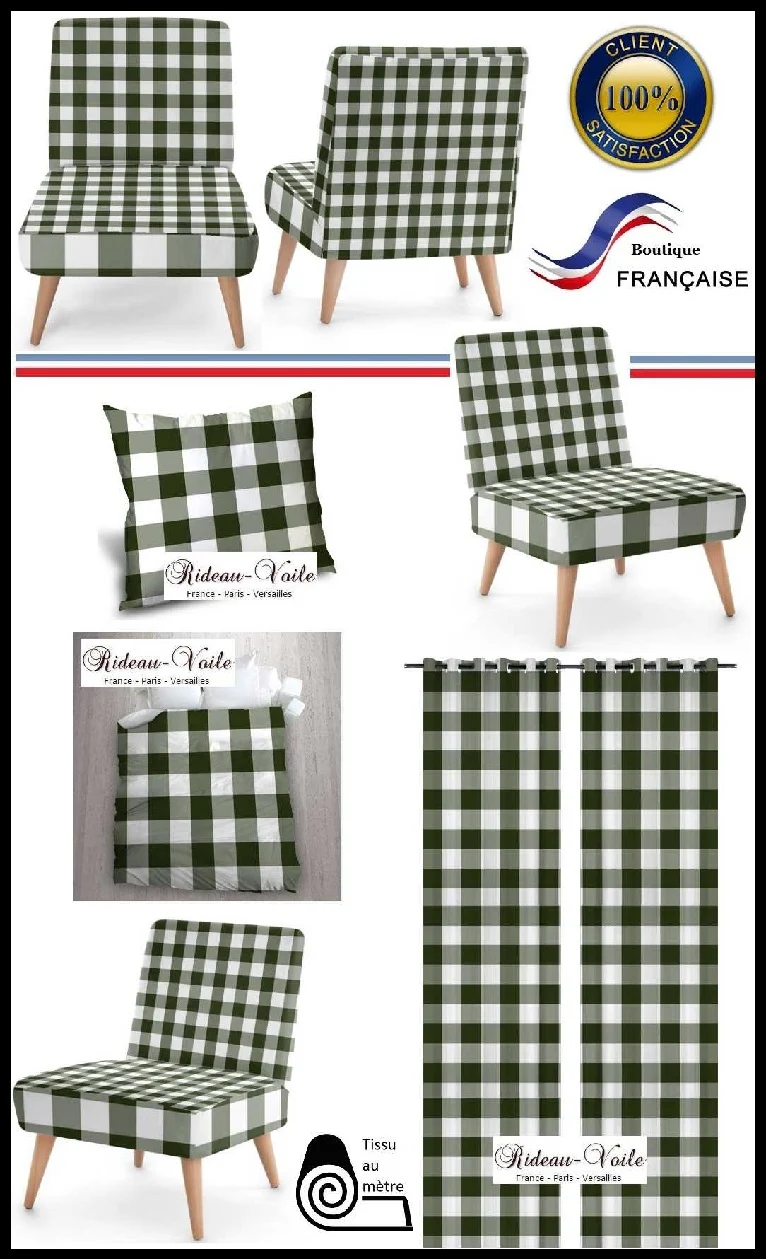 Déco d'intérieur chic Carreaux vichy tissu ameublement mètre vert rideau couette voilage