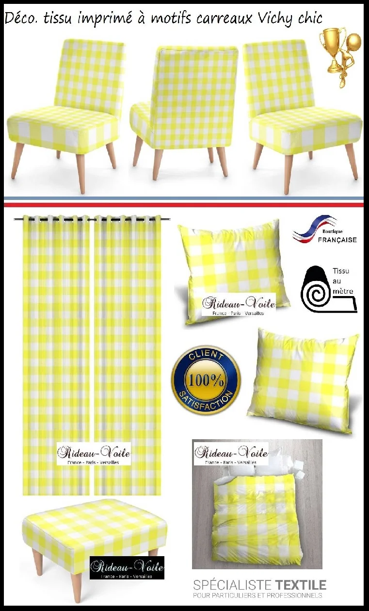 Déco Mode chic Carreaux vichy tissu au mètre blanc jaune fluo rideau couette coussin