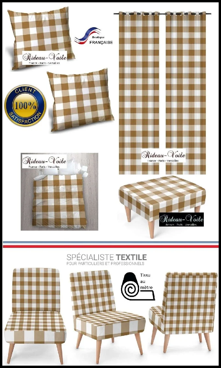 Imprimé larges Carreaux vichy tissu mètre marron caramel beige rideau couette coussin