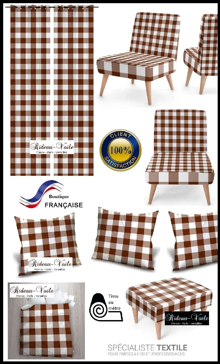 Décoration Carreaux vichy tissu au mètre carré marron rideau couette coussin voilage