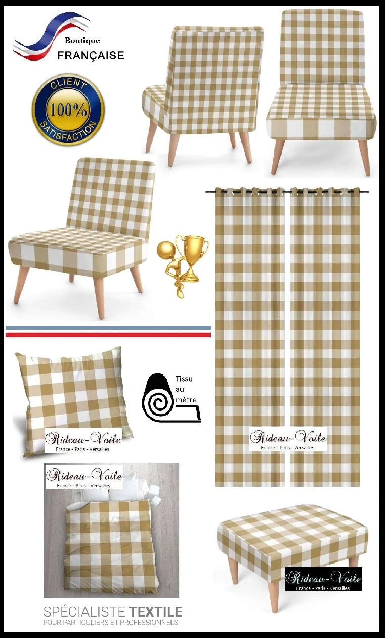 Carreaux vichy tissu ameublemnt au mètre carré camel rideau couette coussin voilage