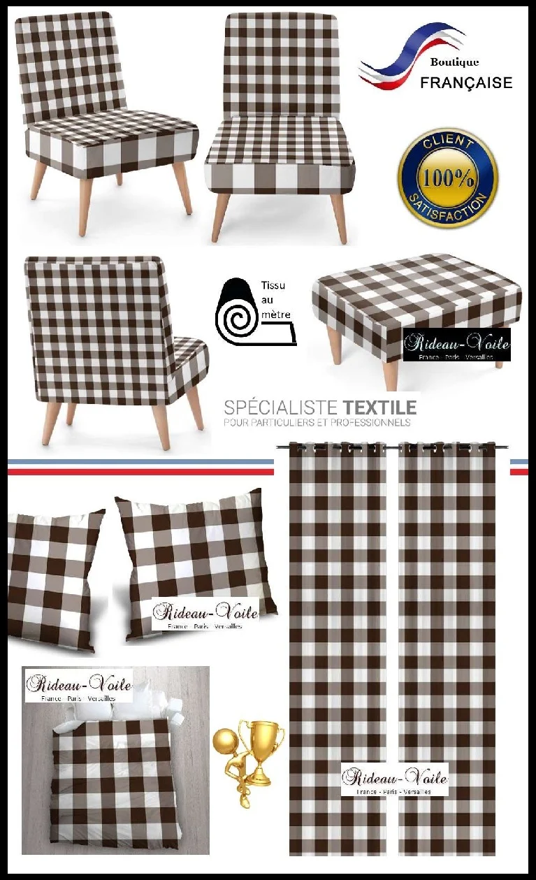 Carreaux vichy tissu au mètre carré marron blanc rideau couette coussin voilage