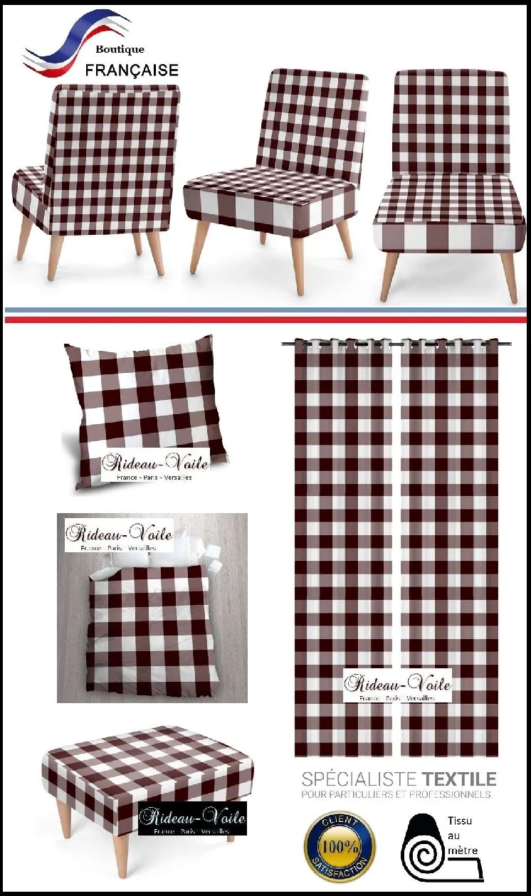 Carreaux motif vichy tissu au mètre carré marron blanc rideau couette coussin voilage