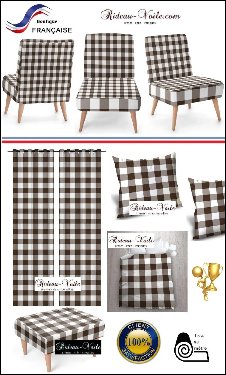 Carreaux motif vichy tissu au mètre gros carré marron rideau couette coussin voilage
