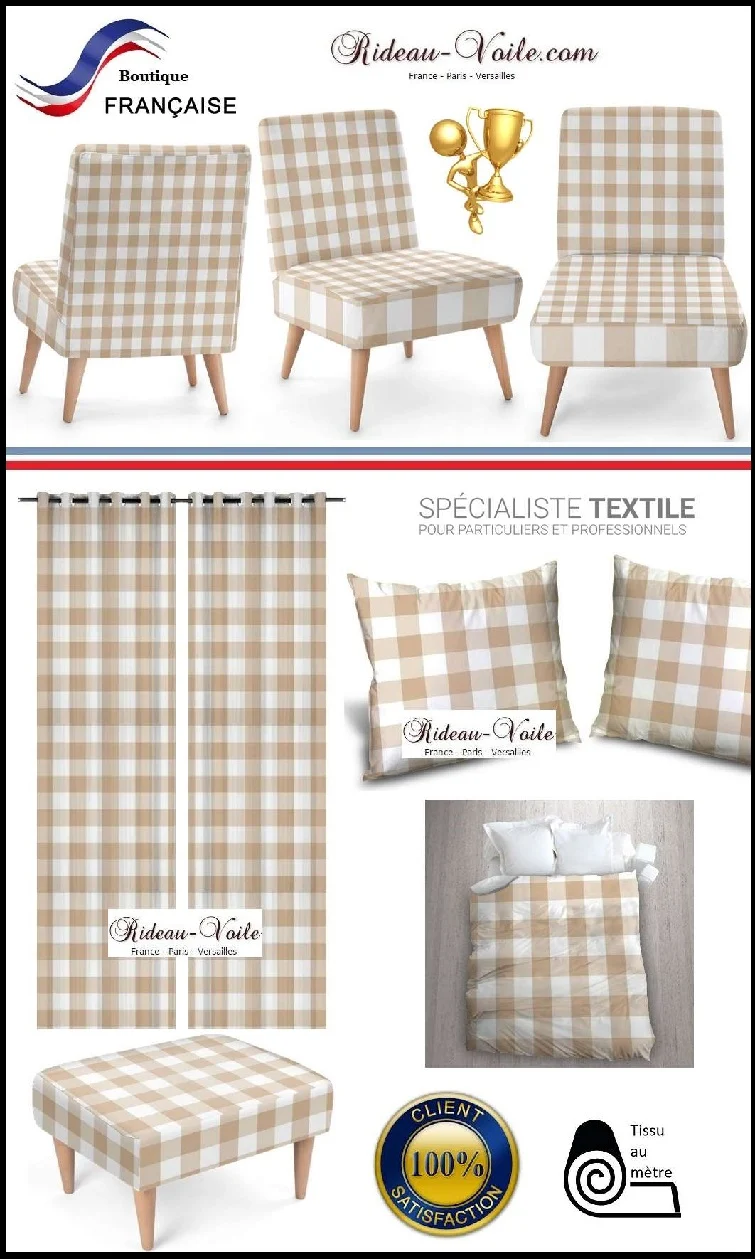 Rideauvoile Carreaux vichy tissu au mètre beige rideau couette coussin voilage