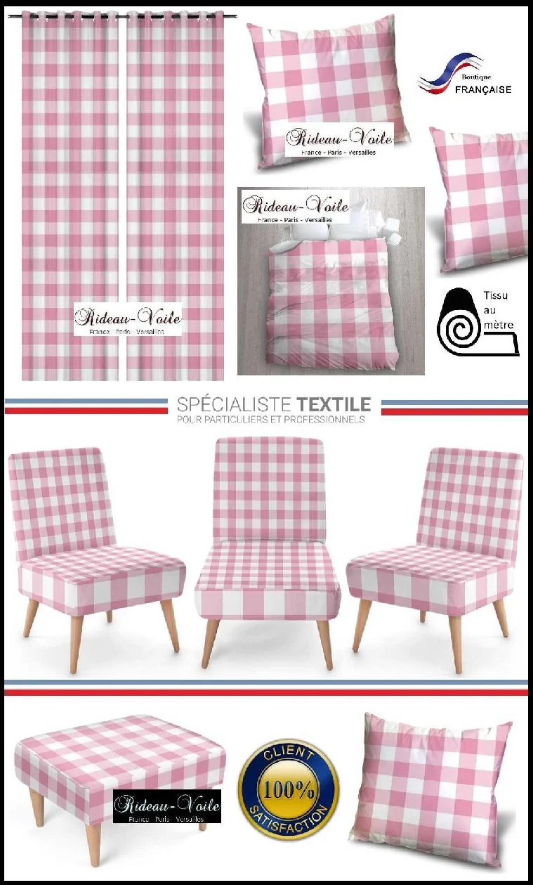 Imprimé carreaux rose tissu Vichy ameublement mètre rideau couette voilage