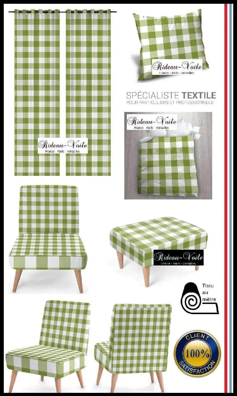 Tapisserie Carreaux vichy tissu déco au mètre motifs vert blanc rideau couette coussin