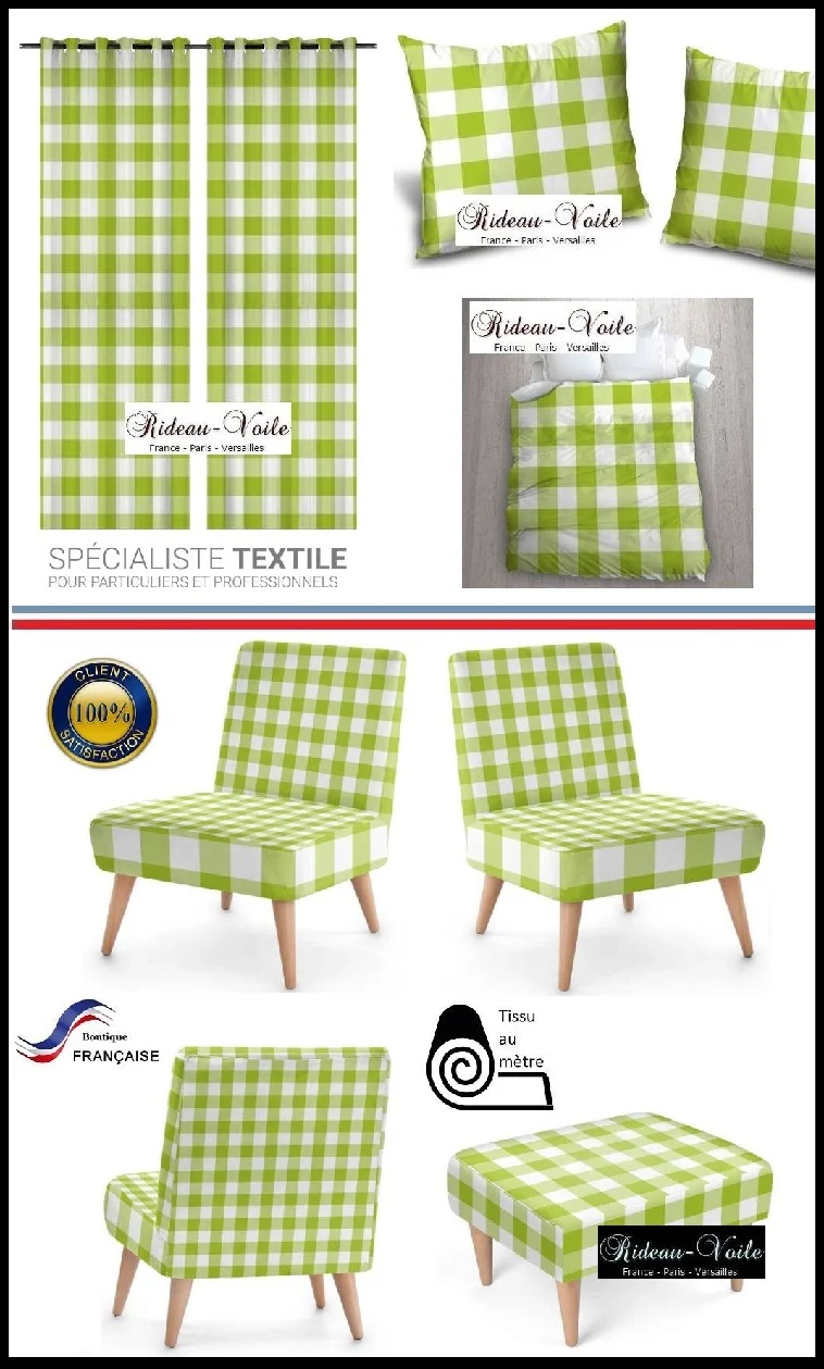 Boutique Carreaux vichy tissu au mètre motifs vert voilage rideau couette coussin