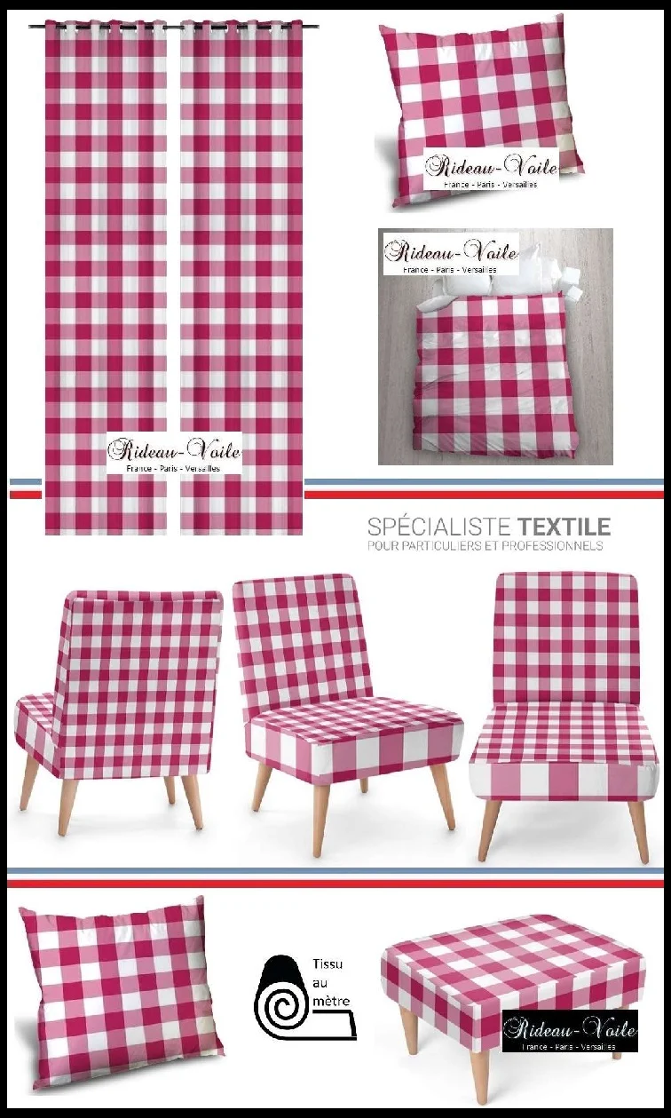 Carreaux vichy tissu au mètre motifs rose rideau couette coussin voilage sur mesure