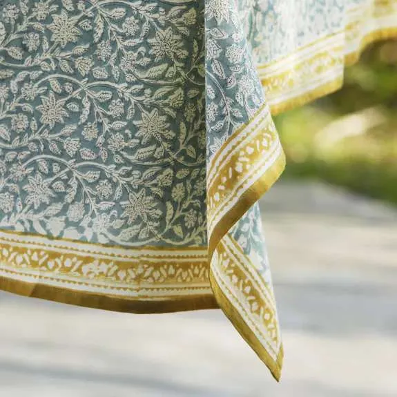 Nappe rectangulaire en coton bleue & ocre