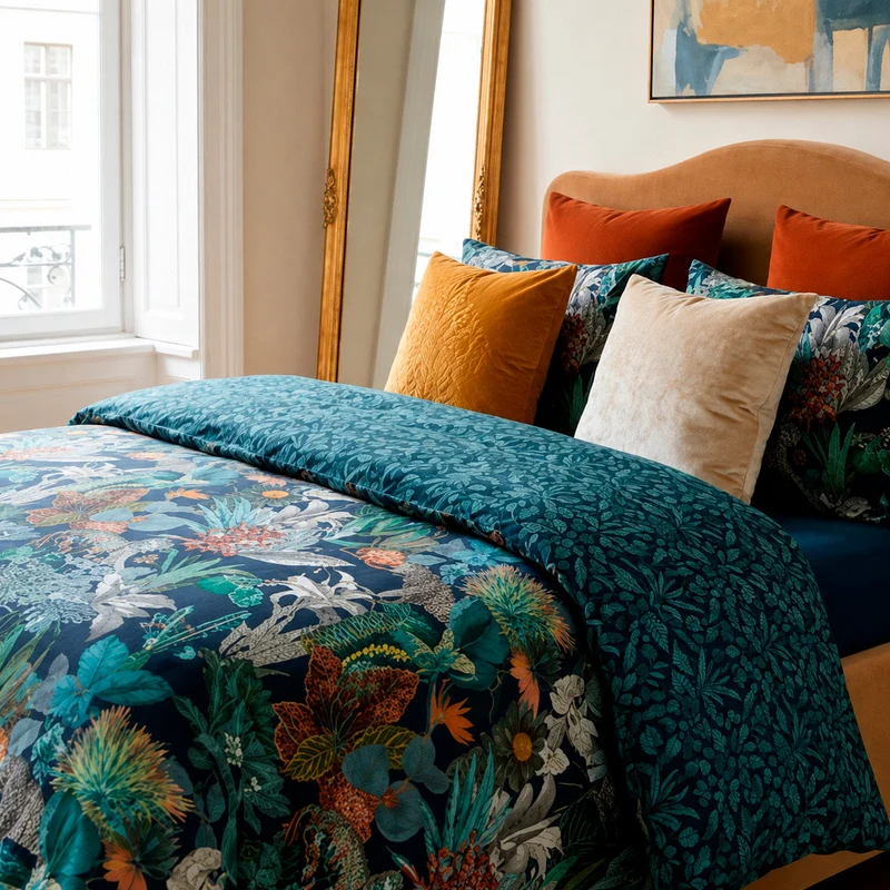 Housse de couette + taie(s) d'oreiller satin de coton - Zanzibar bleu