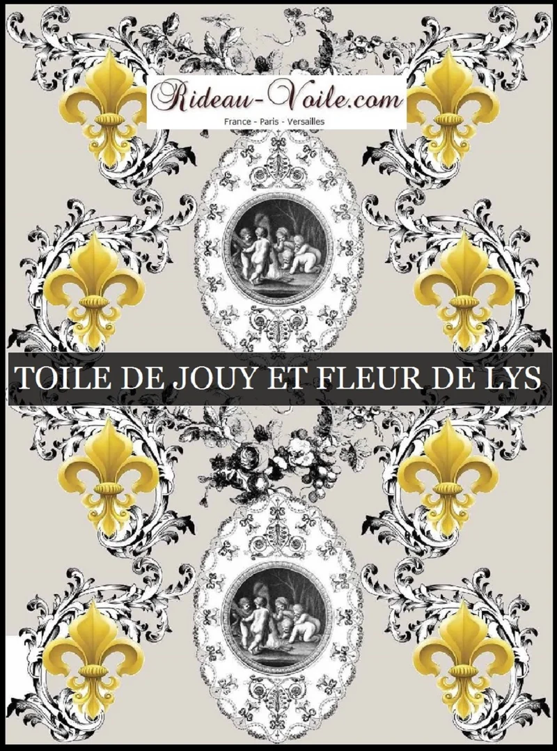 Toile de Jouy gris taupe tissu au mètre motif Anges et Fleur de Lys Or