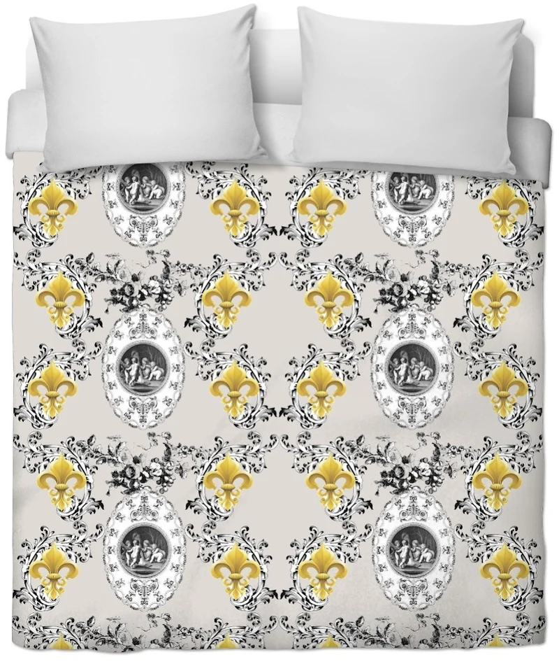 Toile de Jouy gris taupe tissu au mètre motif Anges et Fleur de Lys Or