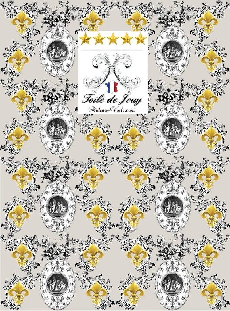 Toile de Jouy gris taupe tissu au mètre motif Anges et Fleur de Lys Or