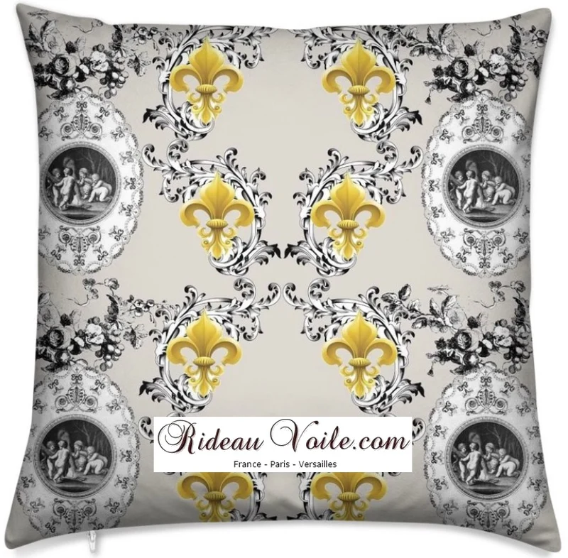 Toile de Jouy gris taupe tissu au mètre motif Anges et Fleur de Lys Or