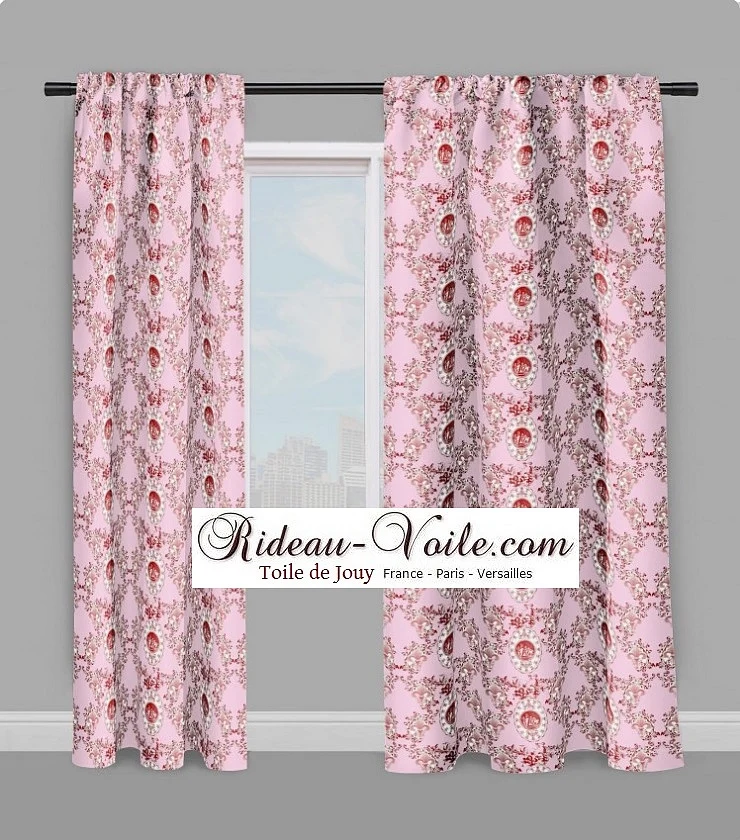 Toile de Jouy tissu rose au mètre motif Anges fleur de lys rouge