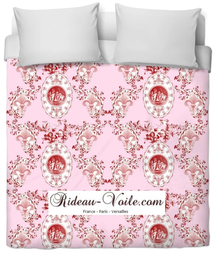 Toile de Jouy tissu rose au mètre motif Anges fleur de lys rouge