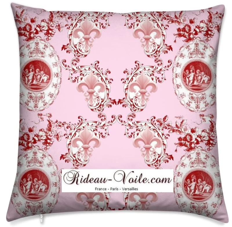 Toile de Jouy tissu rose au mètre motif Anges fleur de lys rouge