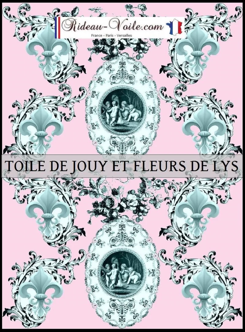 Toile de Jouy tissu rose au mètre motif Anges fleur de lys vert Enkeli verho kangas.
