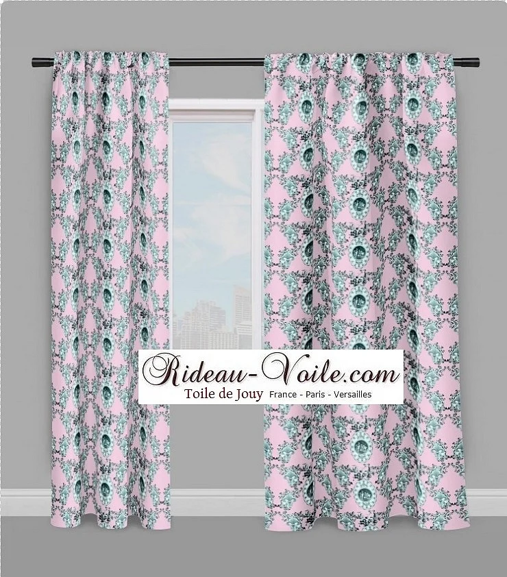 Toile de Jouy tissu rose au mètre motif Anges fleur de lys vert Enkeli verho kangas.