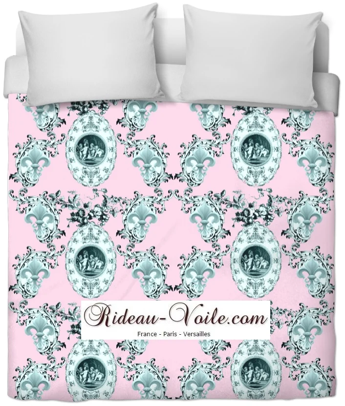 Toile de Jouy tissu rose au mètre motif Anges fleur de lys vert Enkeli verho kangas.
